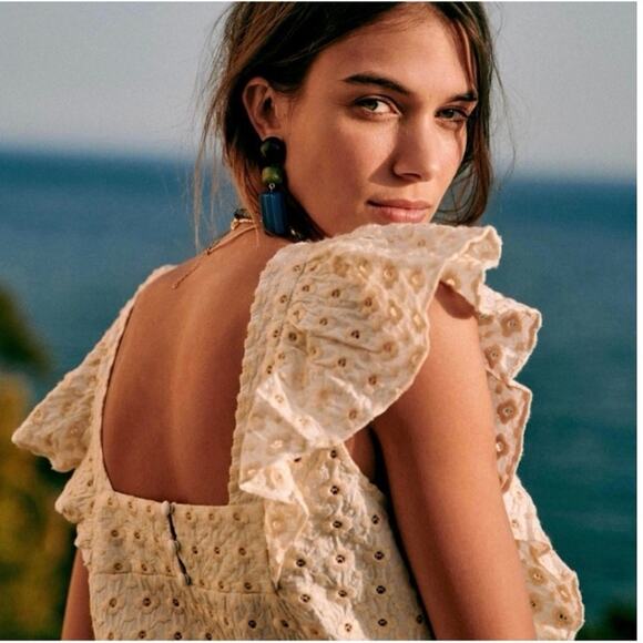 Sezane Top Forta Blouse XXL / Size 12 Sleeveless Ruffle Blouse Eyelet Cotton - Picture 4 of 12